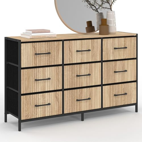 IDMarket - Kommode mit 9 Schubladen aus Stoff Utah 115 cm Latteneffekt Aufbewahrungsmöbel Industriedesign