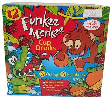 Funkee Monkee Cup Drinks – 12 Pack (6 Orange, 6 Raspberry) – Kids Party Juice Cups with Paper Straws – 24, 48 or 72 Pack –Sugar-Free, No Artificial Colours or Flavours, With Sweeteners (24)