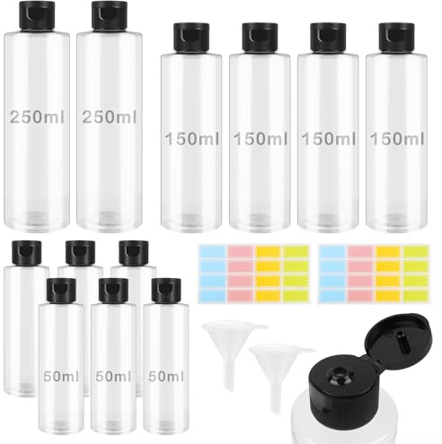 12 Pcs Travel Bottles for Toiletries, 50ml Travel Bottles for Toiletries, 150ml Bottles Empty Refillable Transparent Bottles with Funnels and Labels for School Travel or Cosmetic Shampoo Lotions