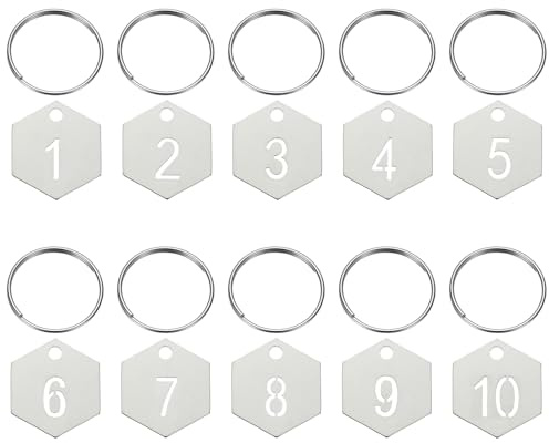 PATIKIL 10 Stück Nummernschilder 1-10 Numerierte Schlüsselanhänger Aus Edelstahl Metallschild Mit Schlüsselringen Für Organizer Verkauf Kleiderbügel Etiketten ID Sechseck Silber