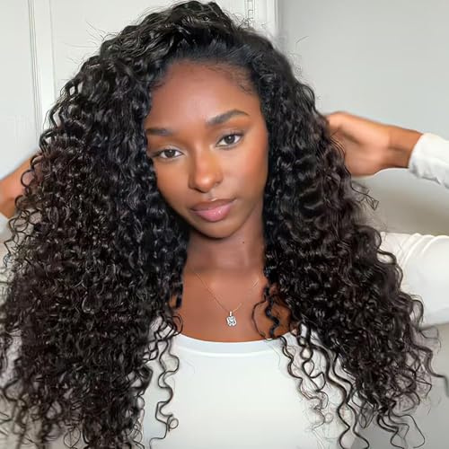 Tunfine Curly Half Wig Echthaar perücke 200 Dichte Water Wave 3 in 1 Seamless Flip Over Wigs Perücke Damen Glueless Human Hair with Drawstring Headband Wig for Women 22 Zoll 55cm