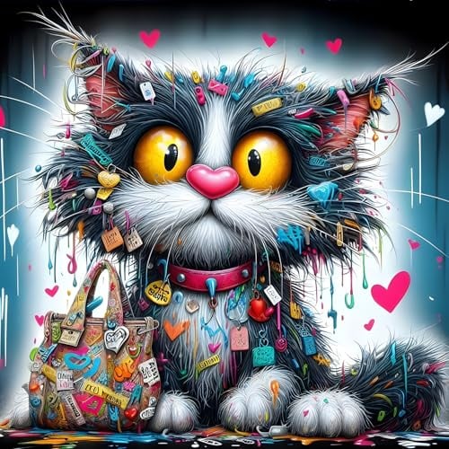 QQYRHN 5D DIY Chat Coloré Kits de Peinture Diamant, Complète Chat Amusant Diamond Painting pour Adulte Débutants,Chaton Art du Diamant, Décoration Murale Maison Peinture au Diamant Avec 30x30 cm