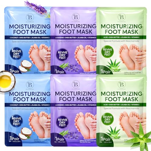 6 Pack Hydrating Foot Mask for Dry Cracked Feet – Restoring & Moisturising Socks with Aloe, Lavender & Coconut Extracts – Feet Mask for Women & Men Foot Care with Shea Butter, Jojoba Oil & Vitamin E