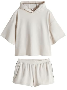 THE SET Damen Weicher, gerippter Hoodie und Shorts, Set Creme XL