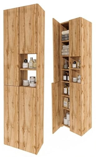 möbelkap Badschrank Hochschrank schmal stehend | Badezimmer Regal mit Stauraum | platzsparender Badezimmerschrank | Standregal Bad in Holzoptik Eiche Wotan