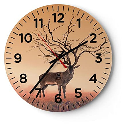 Modern Wanduhr Hirsch Baum Nebel Wald 30x30cm Rund Klein Wand Uhr Glas Analog Zimmeruhren Küche Büro Wohnzimmer Glasuhr Wall Clock Dekoration Design Wanddekoration Küchenuhr C4AR30x30-3127