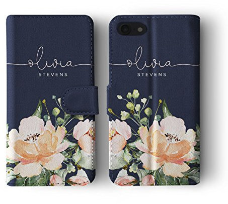 Tirita Personalised Wallet Phone Case for iPhone 7 & 8 With Card Holder – Leather Flip Case or Cover With Custom Name – Cute Personalised Gift for Women [12. Floral Pink English Roses]