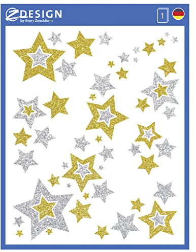 AVERY Zweckform 6 Fensterbilder Weihnachten Sterne gold/silber (Made in Germany, selbstklebende Fenstersticker, Weihnachtsdeko Fenster, Fensterfolie ablösbar, beglimmert) 1 Bogen/6 Aufkleber, 52952