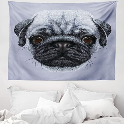 ABAKUHAUS Mops Wandteppich, Junge Welpen Riesen Augen aus Weiches Mikrofaser Stoff Waschbar ohne Verblassen Digitaldruck, 150 x 110 cm, Blaugrau