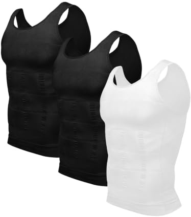 Odoland Men's 3 Pack Body Shaper Base Layer Shirt Tummy Shirt, Black/Black/White, M