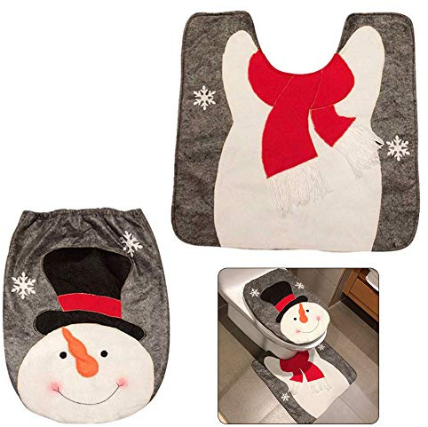 Pveath WC-Deckelbezug-Set mit Weihnachtsmann-Motiv, Schneemann, Rentier, WC-Sitzbezug und Teppich, Rot, 2 Stück