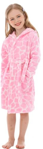 XINNE Accappatoio con cappuccio per ragazzi e ragazze, in morbida flanella, pigiama, unisex, per bambini, Mucca rosa a pois