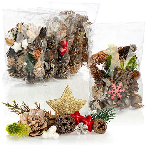 COM-FOUR® 6X Weihnachtsdekoration im Beutel mit Zapfen, Sternen und Zweigen - Streudeko weihnachtlich - Tischdeko - Adventskranz - Bastelzubehör (6X Beutel: Zapfen. Sterne. Flocken)