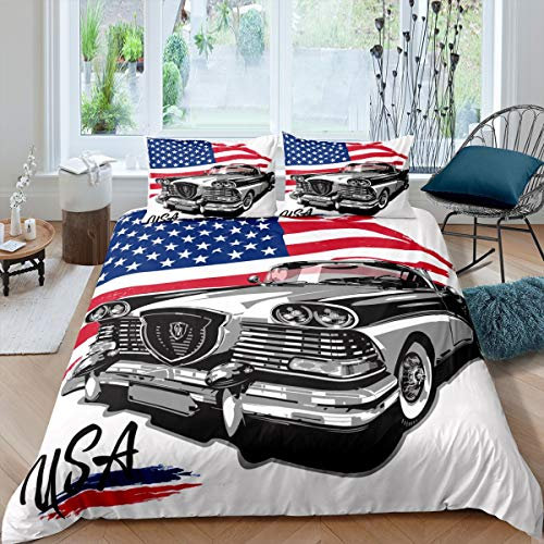 Loussiesd Bettwäscheset mit Auto-Druck, Retro-Design, amerikanischer Flagge, für Kinder und Erwachsene, Raumdekoration, Vintage-Design, Doppelbettgröße, mit 2 Kissenbezügen