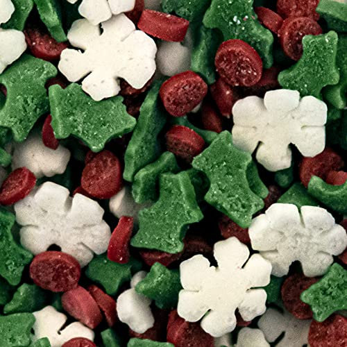 Snowflake & Hollyberry Christmas Cupcake Sprinkles Edible Sugar Toppers Decoration Green Red White Holly Berries Snowflakes 60g BA102650