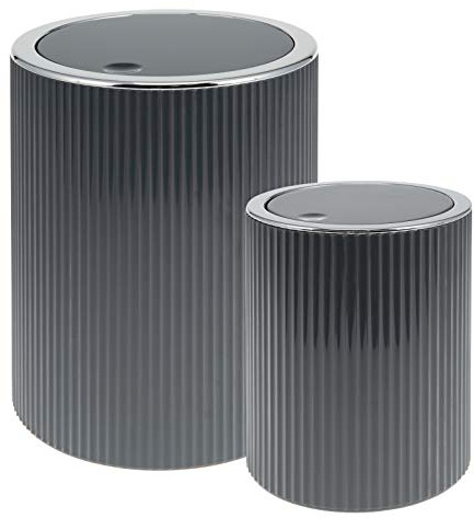 bremermann Kosmetikeimer 2er Set GAVELLO mit Schwingdeckel // Mini 1,5 L und 5,5 L Badeimer mit Rillendekor, Kunststoff (Grau)