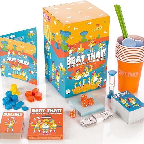 Gutter Games Beat That Family Board Games - Fun Party Family Games for Adults and Kids - 240 Challenge Cards with Main Game and Expansion Pack Combo - Skill-Based Beats and Garden Games Set
