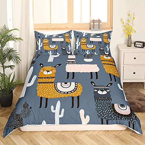 Homemissing Niedlich Llama Bettbezug Set Kinder Karikatur Boho Lama Alpaka Bettwäsche Set 135x200cm für Mädchen Jugendliche Zimmer Kawaii Bohemien Tier Dekor Betten Set Kaktus Botanisch Blau 2St