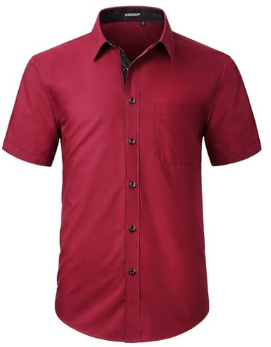 HISDERN Men's Short Sleeve Red Shirt Regular Fit Formal Casual Button Down Business Shirt with Chest Pocket,S