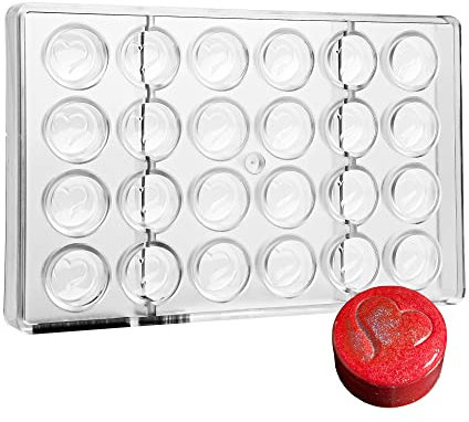 Greyas CM 3843 Louis Amado - Stampo per cioccolatini in policarbonato trasparente, con 24 cavità cilindriche a forma di cuore, 30 mm di diametro x 16 mm di altezza