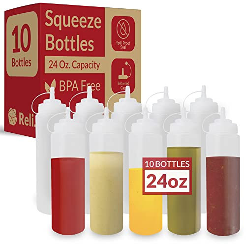 Reli. Plastic Squeeze Bottles, 10 Pack, 24 oz. Clear w/Tethered Caps, Dishwasher Safe, Perfect for Condiments, Sauces, Oils