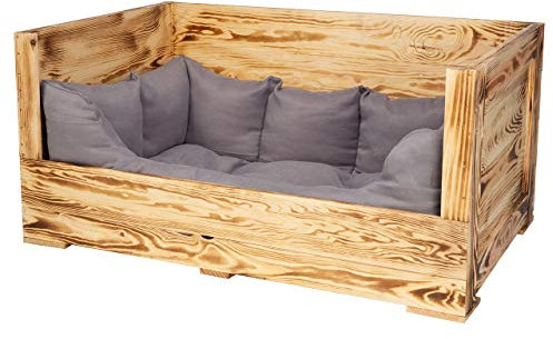 Kistenkolli Altes Land Hundebett Balu aus Holz mit Kissen 115x54x40,5cm Hundekorb Hundekissen Schlafplatz Vintage Hundesofa (115x54x40,5cm, Geflammt)