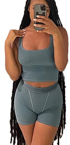 LICOBOD Lässige Workout-Sets, 2-teiliges Outfit für Damen, gerippt, bauchfrei, Tank-Top, hohe Taille, Yoga-Leggings, Loungewear, Trainingsanzug, Short Grey, X-Large