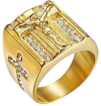 Homxi Edelstahl Ring Herren mit Gravur,Kreuz mit Jesus 19MM Zirkonia Herrenringe Gold Ringe Herren Gr.62 (19.7)