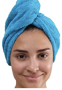 Haarturban schnelltrocknend - Deluxe Turban Handtuch mit Knopf - Haarhandtuch aus 100% Baumwolle mit hoher Saugkraft zum Haare trocknen 1 Stück (Türkis)