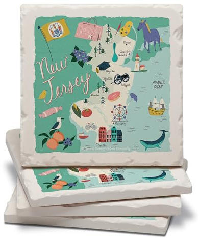 Thirstystone New Jersey Home State 4 Pack Tumbled Tile Stone Coasters with Protective Cork Backing 4 Square Manufactured in The USA Artistic Absorbent Easily Wipes Clean