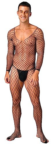Kaerm Sexy Combinaison Hommes Bodystocking en Résille Évidée Body Collants Justaucorps Manches Longues Vêtements de Nuit Taille Unique Noir Taille Unique