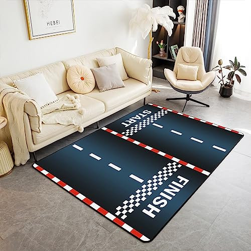 Rennwagenteppich, 90 x 150 cm, cooler Sportwagen, Straßendekoration, Teppich für Mädchen, Damen, Herren, Teenager, schwarz, rot, weiß, Gittermuster, fusselfrei, für Schlafzimmer, Spielzimmer