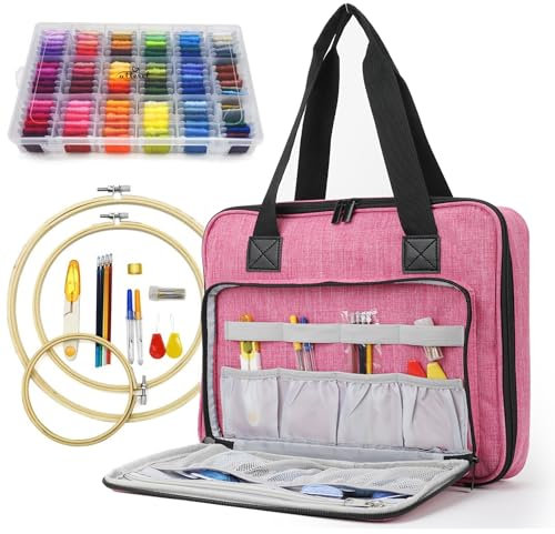 ATTERET Komplettes Stick- und Kreuzstich-Starter-Set mit Premium-Aufbewahrungstasche, enthält 99 DMC-kodierte Baumwollfäden, 9 Metallic-Garne, 3 Reifen, Nadeln, Schere und mehr (Rosa)