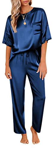 Ekouaer Womens Loungewear Set Women's Sleepwear Soft Short Sleeve Pyjama PJ Satin Set Short Sleeve Shirt with Navy Blue Satin Pants, Navy Blue, S