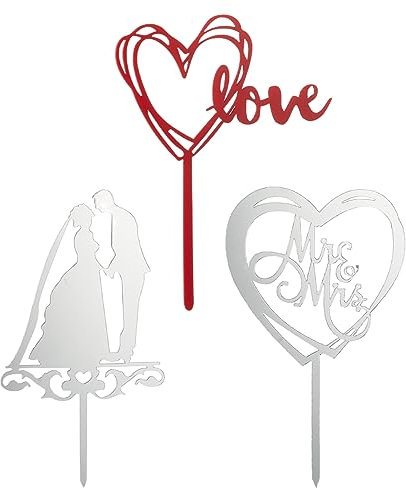 MIJOMA 3-teiliges Cake Topper Set, stilvolle Kuchendeko für Hochzeiten und Verlobungen, Acryl Tortenstecker mit 17 cm Länge, zeitgemäße Lasertechnik, eleganter Tortenschmuck, für unvergessliche Feiern