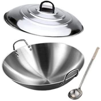OQHAIR Wok de Acero Inoxidable de Doble Oreja Engrosada con Tapa y Cuchara para freír 60 80 cm Conductividad térmica rápida Olla Multiusos no magnética Sin Recubrimiento Apto para Estufas