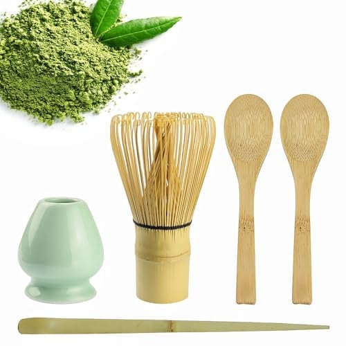 wynott Japanese Matcha Tea Set, Matcha Whisk Ceramic Whisk Holder Bamboo Matcha Spoon Traditional Scoop Matcha Green Tea Ceremony Set Tea Making Set Kit for Stirring Matcha Powder Tea Ceremony