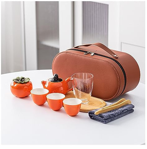 ZALTAS Keramik-Teekannen-Set – Reise-Teeservice mit Teetassen für Erwachsene mit handgefertigtem Bambusgriff und brauner Leder-Tragetasche, geeignet für Reisen, Picknick, O orange