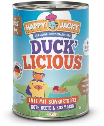 HAPPY JACKY | extra sensitives High-Premium Nassfutter für Hunde ohne Getreide | Ente mit Süßkartoffel, Rote Beete & Rosmarin | ohne Konservierungsstoffe, Zuckerfrei | 6x410g