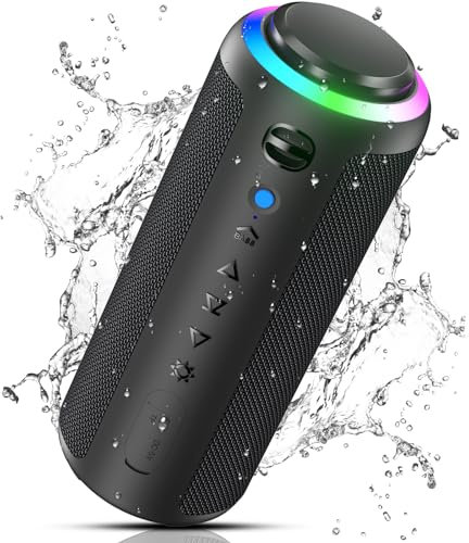 VOSFEEL Cassa Bluetooth Portatile, 30H Altoparlante Bluetooth Impermeabile IPX7, Stereo Hi-Fi Bassi, con Luce LED, TF Card, per Feste, Viaggi, Doccia, Esterno (23 * 10.5 * 10.5cm)