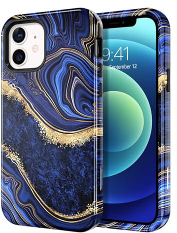 YINLAI for iPhone 12 Case iPhone 12 Pro Case Marble Pattern 3 in 1 Full Body Rugged Hard PC Back Cover Bumper, Silicone Drop Protection Women Cover for iPhone 12 Pro/iPhone 12 6.1 inch,Navy Blue