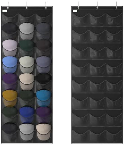 Unjumbly Baseball Hat Rack, 24 Pocket Over-The-Door Cap Organizer with Clear Deep Pockets, Include S Hooks for Additional Storage, Complete with 3 Over Door Hooks, Fit 3/8 and 3/4 Door Width, Black