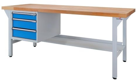 Steinbock Werkbank mit 3 Schubladen | 500 kg Tragkraft | HxBxT 85 x 200 x 75 cm | Lichtblau | 5 cm Starke Massivholz-Arbeitsplatte | stabiles Stahlgestell | Made in EU | Profi-Werktisch