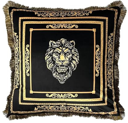 Belle Arti Luxus Kissen Dekokissen Sofakissen Couchkissen - Füllung und Bezug waschbar Reißverschluß Löwe Mäander Muster in Schwarz Gold (60 x 60 cm)