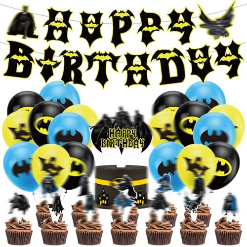 Batm Geburtstagsdeko, 32 Stück Deko Geburtstag Kinder, Geburtstag Luftballons Junge, Banner, Cupcake Toppers,Tortendeko, für Kindergeburtstag Party Deko