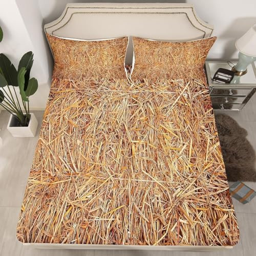 3D Spannbettlaken 140x200 Stroh Bettlaken Weiches Atmungsaktiv Spannbetttücher Stroh Mikrofaser Spannbetttuch Tiefe Tasche 30 cm Mit 2 Kissenbezügen 80x80 cm i5692