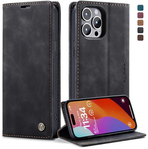 owlhold Handyhülle für iPhone 15 Pro MAX Hülle, Premium Lederhülle Weiches Vintage-Nubukleder Faltbare Ständer Klapphülle Kartenfach Standfunktion stoßfest Schutzhülle für iPhone 15 Pro MAX -Schwarz