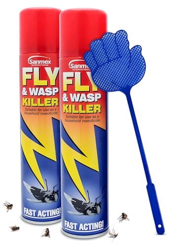2 x Fly and Wasp Killer Spray 300ml with Fly Swatter (Colour Varies)– Insecticide Aerosol Twin Pack for Indoor Outdoor Use – Kills Flies Wasps Mosquitoes Flying Insects – Pest Control Spray