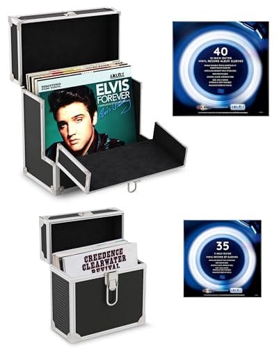Retro musique Aluminium-Schallplatten-Aufbewahrungskoffer mit einzigartiger, klappbarer Frontklappe für besseren Zugang zu Ihren LPs, für bis zu 40 LPs, (in PVC-Hüllen), inklusive 40