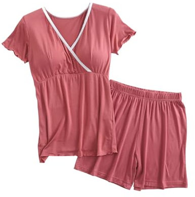 Lemoiitea Ensemble de pyjama de maternité pour femme enceinte, doux et confortable, col en V, manches courtes, haut d'allaitement avec coussinets et short à taille élastique, 2 pièces, vêtements de